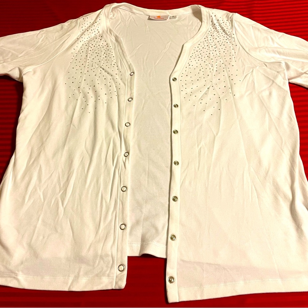 Pre-Owned White Quacker Factory Rhinestone Open Cardigan Long Sleeve Shirt